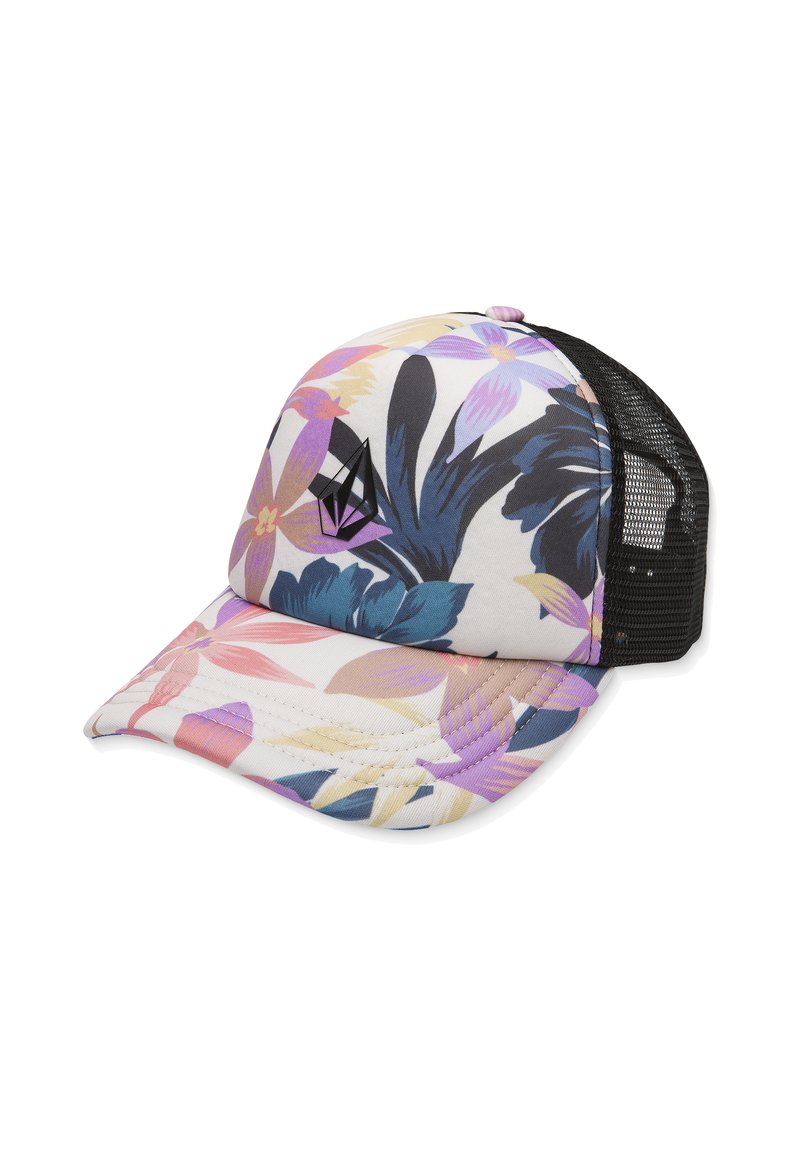 Casquette de camionneur florale avec une base blanche ornée de motifs de fleurs roses, bleues et violettes. Dos en maille noire et accent logo noir à l'avant.