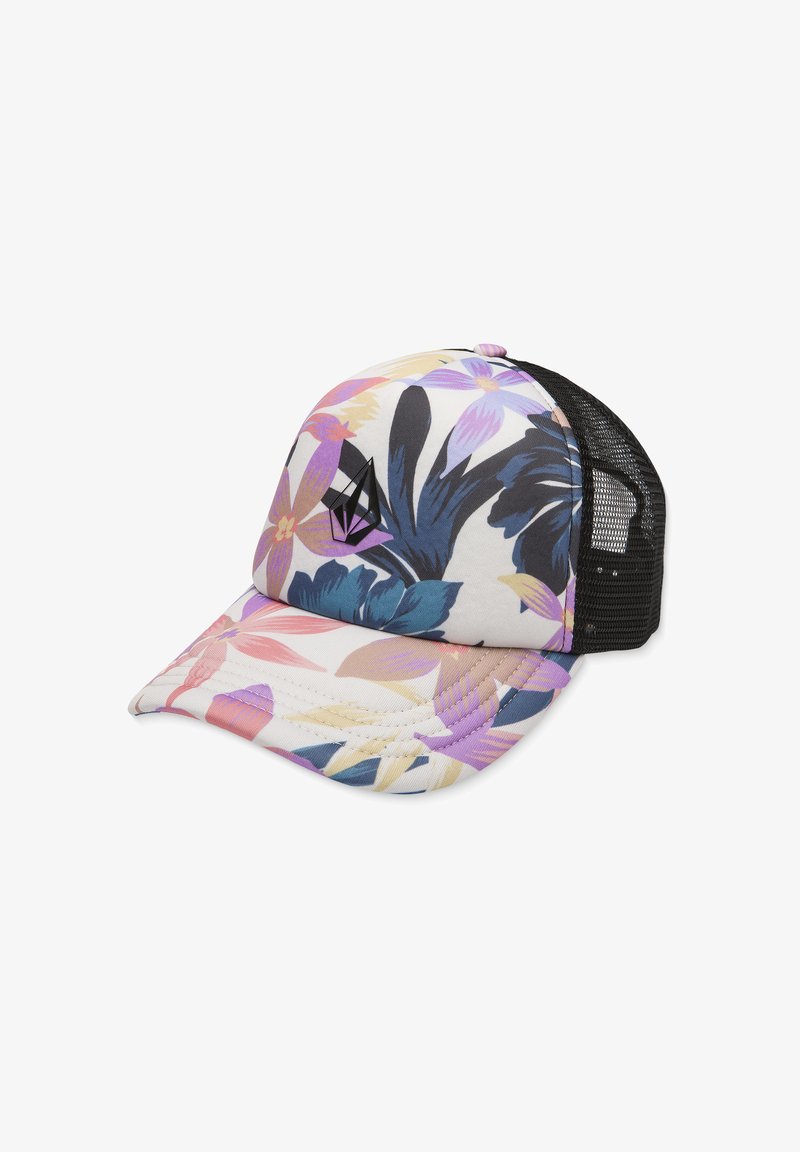 Floral trucker cap featuring a white base with pink, blue, and purple flower patterns. Black mesh back and black logo accent on the front.