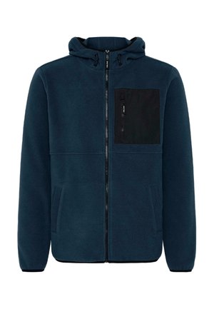 Jūrų laivyno fliso striukė su užtrauktuku priekyje ir gobtuvu, su juodu užtrauktuku krūtinės kišenėje ir šoninėse kišenėse, minkšta tekstūra ir standartinė iškirptė.