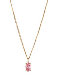 Collier en chaîne dorée avec un pendentif en pierre précieuse rose taillé en marquise, présentant des sertissages à griffes et une finition lisse et polie.