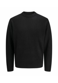 Svart strikket genser med rund hals, med ribbestrikkede mansjetter og nederkant. Myk tekstur, normal passform, ingen synlige mønstre eller detaljer.