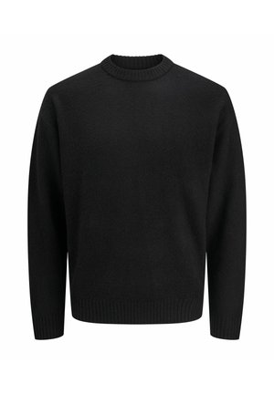 Black knitted sweater with a crew neck, featuring ribbed cuffs and hem. Soft texture, regular fit, no visible patterns or accents.