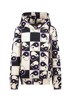 Hooded sweatshirt ontworpen met een geometrisch patroon van yin-yang-vormen in zwart, wit en paars op een crème achtergrond.