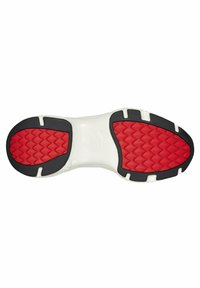 Skosula med en vit bas, röd texturerad mittsektion och svarta kanter. Har ett zigzagmönster för grepp och fäste.