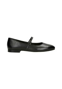 Schwarze Leder-Ballerinas mit einer runden Zehenform, einem dünnen Knöchelriemen mit Schnalle und einem niedrigen Absatz. Gleiche, glatte Oberfläche mit minimaler Verzierung.