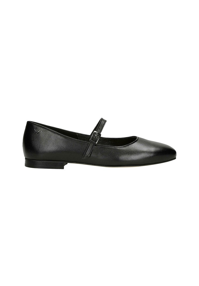 Schwarze Leder-Ballerinas mit einer runden Zehenform, einem dünnen Knöchelriemen mit Schnalle und einem niedrigen Absatz. Gleiche, glatte Oberfläche mit minimaler Verzierung.