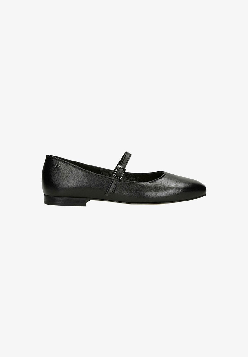 Schwarze Leder-Ballerinas mit einer runden Zehenform, einem dünnen Knöchelriemen mit Schnalle und einem niedrigen Absatz. Gleiche, glatte Oberfläche mit minimaler Verzierung.