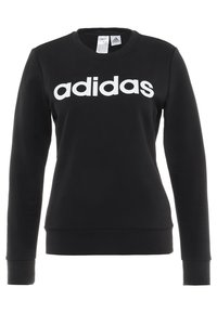 Sweat-shirt noir en tissu à texture lisse, avec un grand logo blanc "adidas" sur la poitrine. Manches longues et encolure ronde.