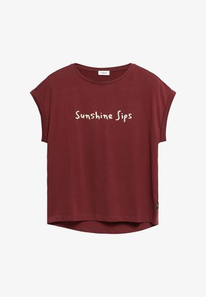 Bordowa koszulka z krótkim rękawem z podwiniętymi mankietami oraz napisem „Sunshine Sips” w kolorze kremowym, umieszczonym na środku przodu.