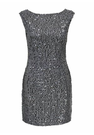 Ärmelloses graues Mini-Kleid, das mit dichten schwarzen und silbernen Pailletten bedeckt ist und ein dezent wellenförmiges Muster aufweist.