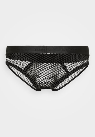Schwarze Netzunterhose mit breitem elastischem Bund. Das Netzmuster sorgt für Transparenz und verleiht dem Design eine einzigartige Textur und Form.