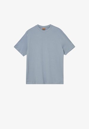 Schlichtes hellblaues T-Shirt mit kurzen Ärmeln, Rundhalsausschnitt, geradem Saum und kleinem braunem Nackenetikett.