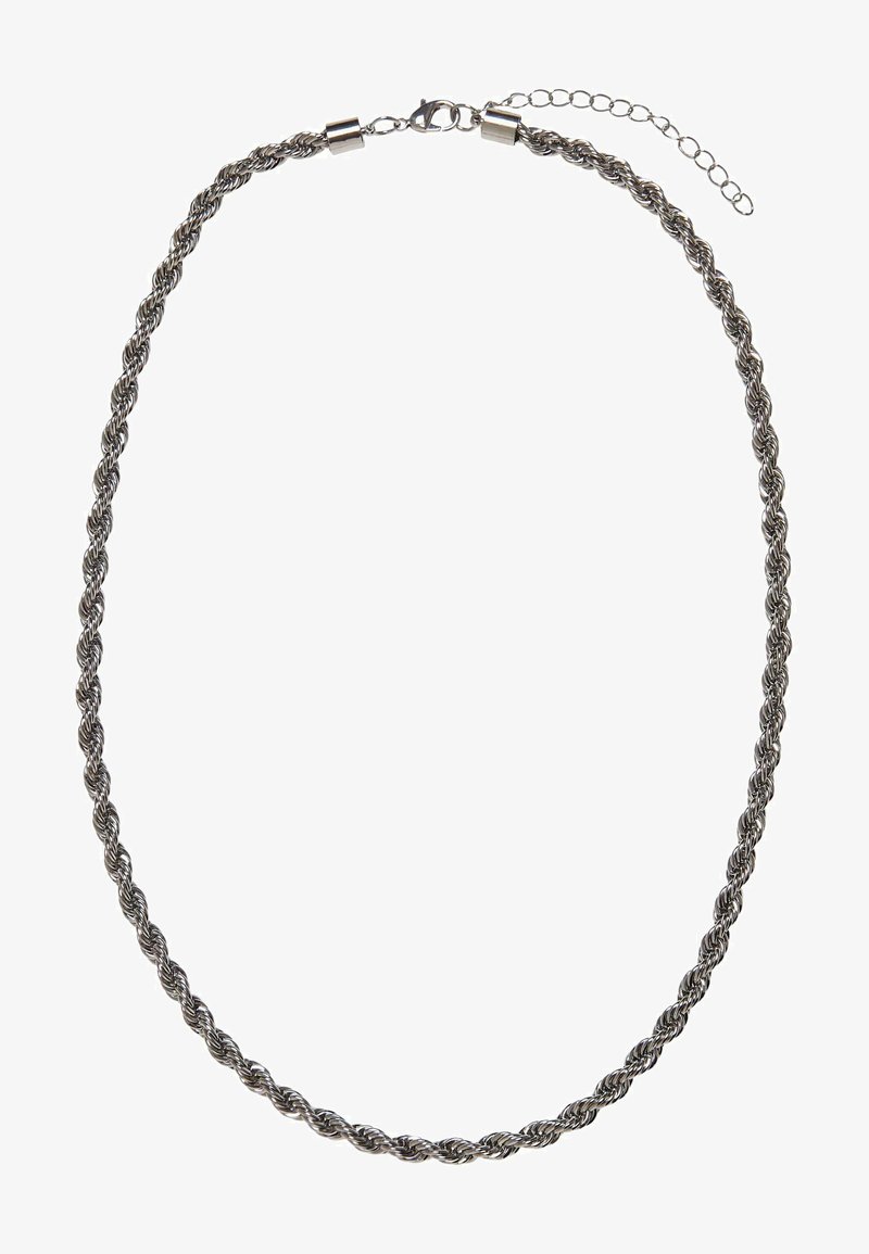 Collana in metallo argentato con design intrecciato, dotata di chiusura a incastro e catena regolabile per personalizzare la lunghezza.