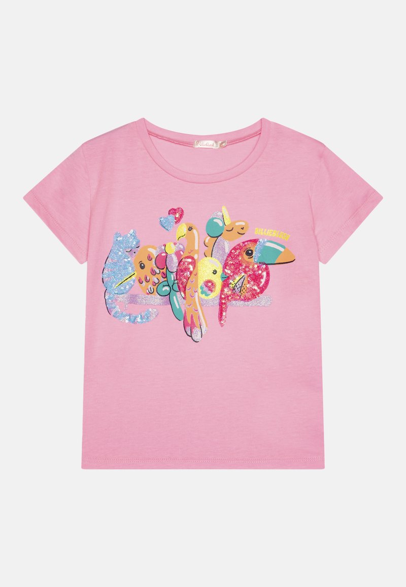 Růžové tričko s krátkým rukávem, které na přední straně zdobí třpytivý, vícebarevný motiv různých kreslených zvířat a srdcí.