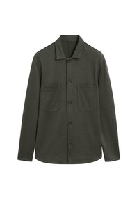Camicia giacca verde scuro con bottoni, maniche lunghe, due tasche sul petto e colletto classico, mostrata su uno sfondo bianco.