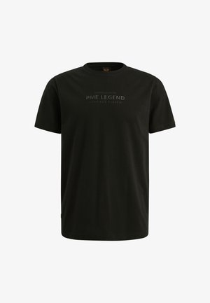 Zwarte katoenen T-shirt met een ronde hals, korte mouwen en reliëftekst "PME LEGEND AMERICAN CLASSIC" op de voorkant.