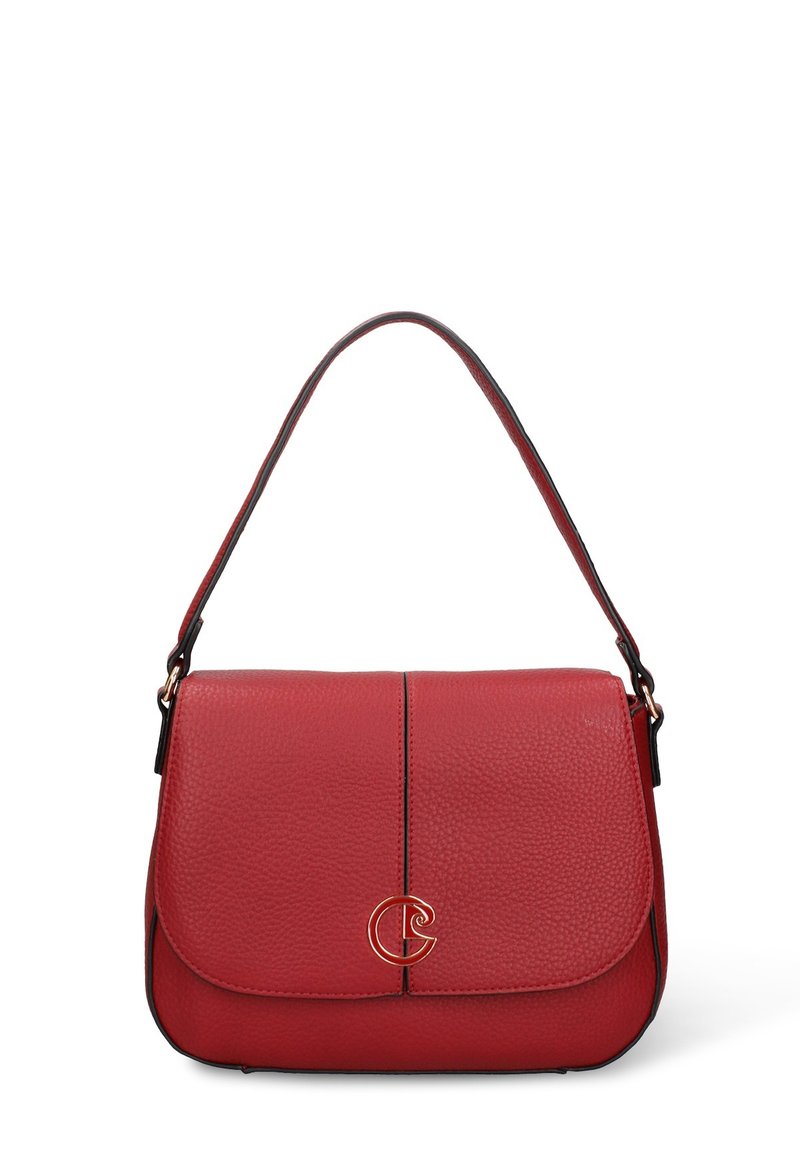 Borsa a tracolla in pelle rossa con superficie testurizzata, chiusura a patta, monogramma centrale dorato e bordatura nera a contrasto.