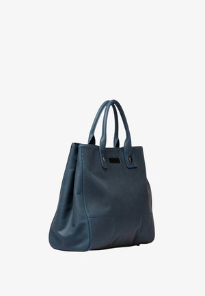 Blauwe leren schoudertas met twee stevige handvatten, rechthoekige vorm, gladde textuur, voorzakken en subtiele stikdetails.