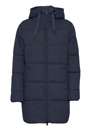 Dark navy puffer coat with a hood, front zipper, and drawstring. Features quilted design and side pockets. Smooth, insulated texture.