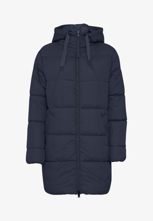 Temno mornarsko modra puhovka s kapuco, sprednjim zadrgo in zategovanjem. Ima prešito obliko in stranske žepe. Gladek, izoliran tekstur.