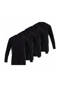 Cuatro camisetas negras de manga larga hechas de tela suave, con cuellos redondos y una textura lisa, dispuestas en fila.