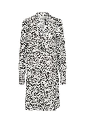 Pikend käised kleit musta ja valge abstraktse mustriga, V-kaelusega ja kogutud varrukatega, valmistatud kerge kangaga.