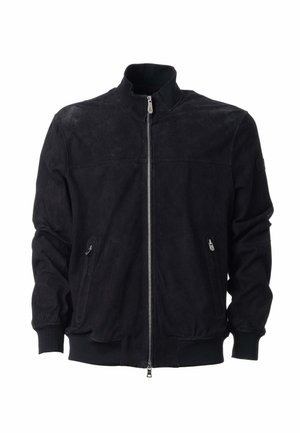 Schwarze Bomberjacke aus Wildleder mit Frontreißverschluss, zwei seitlichen Reißverschlusstaschen, gerippten Bündchen und Stehkragen.