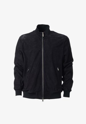 Schwarze Bomberjacke aus Wildleder mit Frontreißverschluss, zwei seitlichen Reißverschlusstaschen, gerippten Bündchen und Stehkragen.