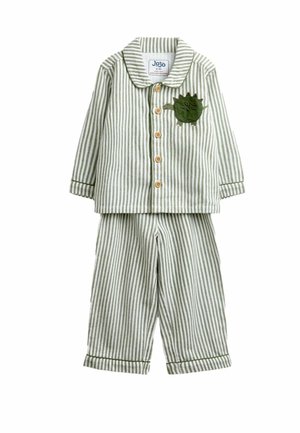 Green and white striped toddler pajamas with long sleeves, button front, and green dinosaur patch on left chest.