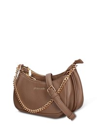 Borsa a mano in pelle marrone con finitura testurizzata, tracolla a catena dorata e due scomparti con cerniera. Arricchita da un dettaglio con logo.