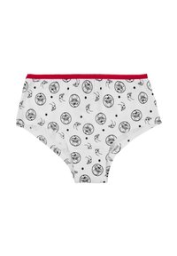 Mutande bianche da donna con volti di personaggi dei cartoni animati in bianco e nero e pois neri, dotate di una fascia elastica rossa in vita.