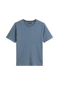 Blaues Rundhals-T-Shirt aus glattem, leichtem Stoff. Kurze Ärmel mit entspannter Passform und dezentem melierten Struktur.