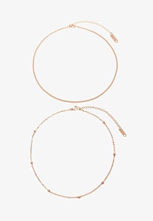 Rosenvergoldete Halsketten: eine mit einer glatten Kette, die andere mit kleinen runden Perlen, die entlang der Kette verteilt sind. Beide verfügen über einen Verschluss mit einer verstellbaren Kette.