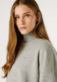 Sudadera gris de cuello alto con cuello acanalado, que presenta un sutil bordado del logo en el pecho y una tela suave y texturizada.