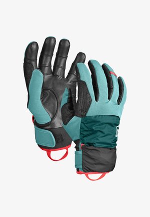 Gloves feature a black leather palm with a teal softshell upper, textured fingertips, red accents, and adjustable wrist straps for secure fit.