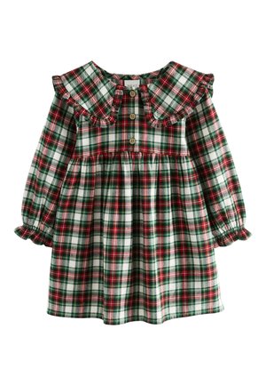 Robe manches longues pour tout-petit avec motif à carreaux vert, rouge et blanc, col et poignets à volants, et trois boutons en bois sur le devant.