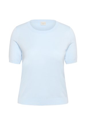 Maglietta azzurro chiaro a maniche corte in maglia con collo rotondo e orlo a coste, mostrata su uno sfondo bianco semplice.