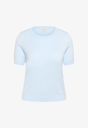 Light blue short-sleeve knit top with crew neck and ribbed hem, displayed on a plain white background.