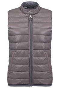 Gilet grigio imbottito con colletto alto, chiusura frontale con zip e due tasche laterali. Presenta un motivo trapuntato orizzontale e una texture liscia.