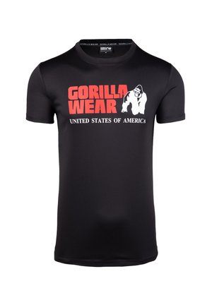 Black short-sleeve athletic shirt with "GORILLA WEAR" in bold red letters and "UNITED STATES OF AMERICA" printed below. Smooth, fitted design.
