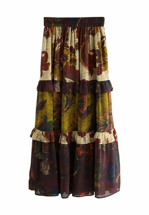 Gonna maxi floreale con design a strati, caratterizzata da colori ricchi come il bordeaux e il verde. Realizzata in tessuto leggero con dettagli arricciati.