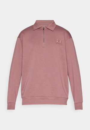 Light pink pullover sweatshirt with a zippered collar, long sleeves, ribbed cuffs, and an embroidered logo on the left chest. Smooth texture.