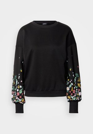 Black sweatshirt with long, puffed sleeves featuring colorful floral embroidery on both sleeves; made of soft, comfortable fabric.