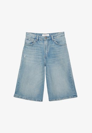 Lichtblauwe denimshorts met een hoge taille, voorste knoop en rits, twee voorzakken en subtiele gebruikte details op de linker dij.