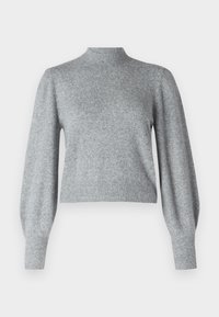 Lichtgrijze gebreide trui met hoge hals, lange pofmouwen en geribbelde zoom, met een zachte textuur en cropped ontwerp.