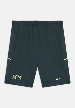 Ciemnoszare spodenki sportowe z oddychającą teksturą, z neonowo-żółtymi akcentami i logo, elastycznym pasem i bocznymi kieszeniami.
