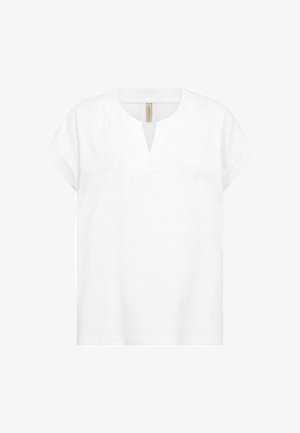 Valge puuvillane t-särk, millel on V-kaelus, lühikesed varrukad ja lõdva istuvus. Sile tekstuur ja lihtne disain, millel on väike brändi silt kaeluse juures.