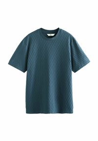 Short-sleeve t-shirt in dark teal, featuring a textured pattern, round neckline, and a relaxed fit. Made from soft, breathable fabric.