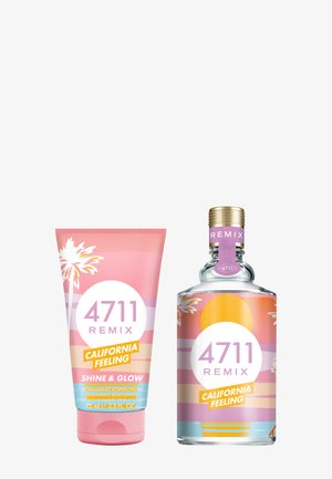 Tubo de loción corporal brillante 4711 Remix California Feeling en tonos rosa y naranja y botella de perfume de vidrio a juego con tapa dorada.
