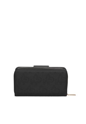 Portefeuille en cuir noir avec motif abstrait perforé, fermeture éclair avec tirette dorée et languette pressionnée sur le dessus, présenté sur fond blanc.